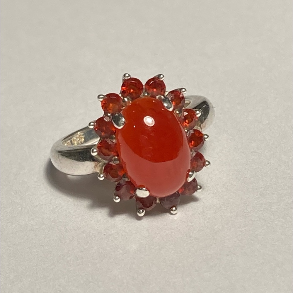 Michelle Albala Carnelian and Red Cubic Zirconia Sterling Silver Halo Ring